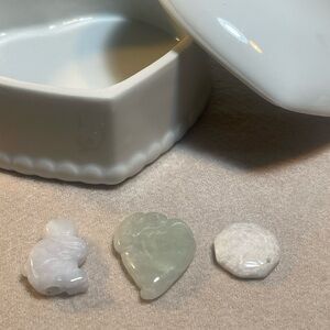 Elegant White Ceramic Trinket Heart Box with 3 Jade Charms or Pendants.